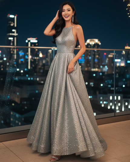 Silbernes Glitzerkleid in A-Linie - Ansicht 3