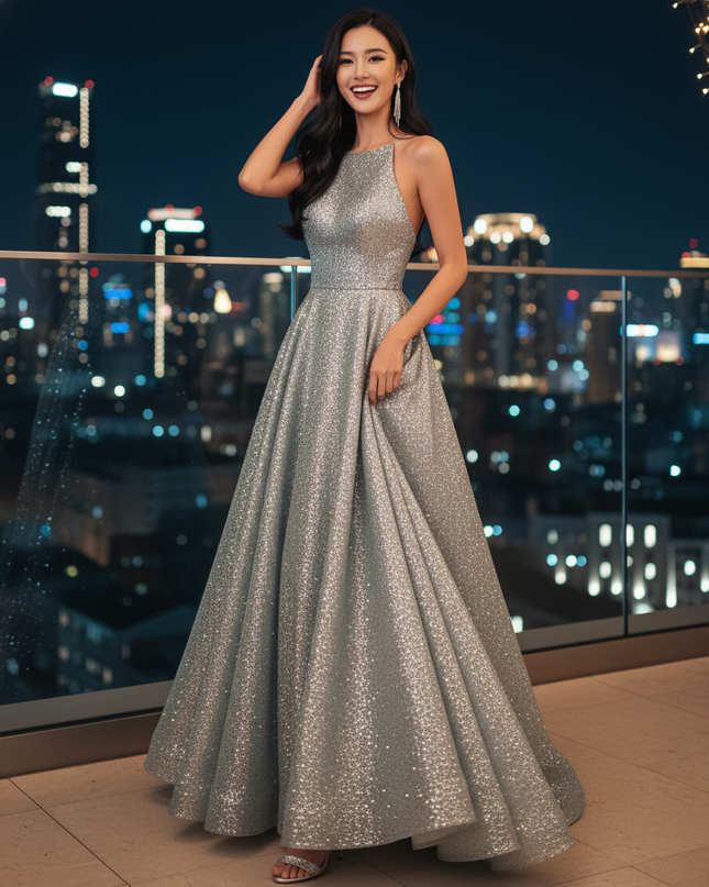 Silbernes Glitzerkleid in A-Linie - Ansicht 3