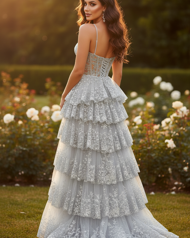 Silbernes Glitzerkleid mit Bluemchen Tull - Ansicht 2