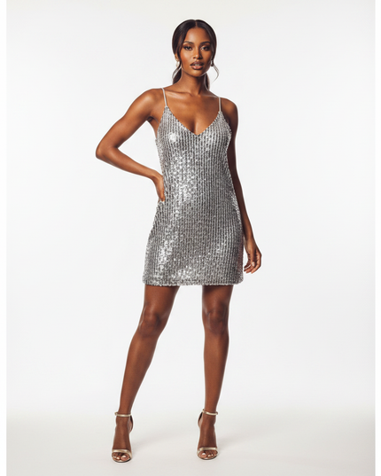 Silbernes Glitzerkleid Kurz V-Ausschnitt - Ansicht 5