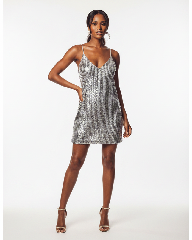 Silbernes Glitzerkleid Kurz V-Ausschnitt - Ansicht 5
