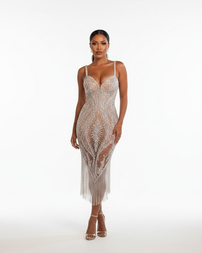 Silbernes Glitzerkleid lang mit Fransen - Ansicht 5