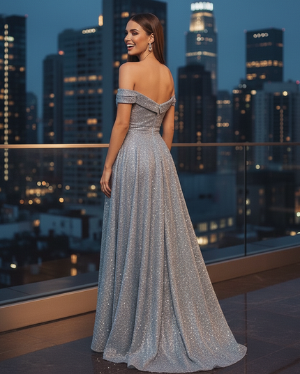 Silbernes Glitzerkleid Off-Shoulder - Ansicht 2