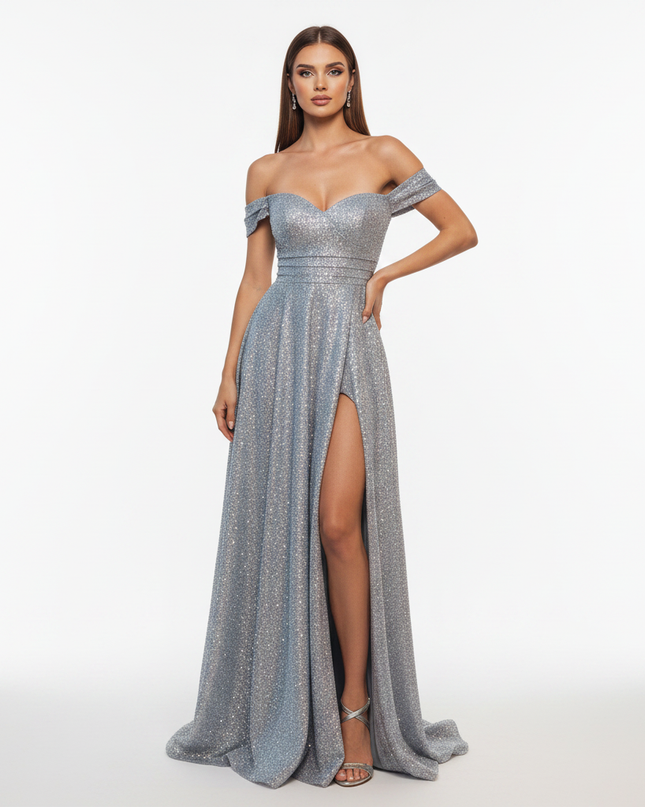 Silbernes Glitzerkleid Off-Shoulder - Ansicht 5