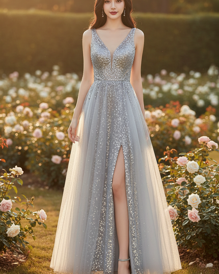 Silbernes Glitzerkleid Perlenstickerei lang - Ansicht 1