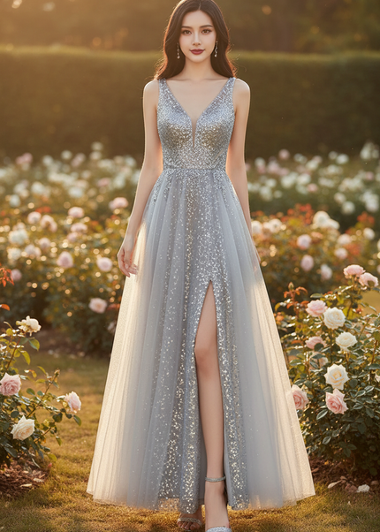 Silbernes Glitzerkleid Perlenstickerei lang - Ansicht 1