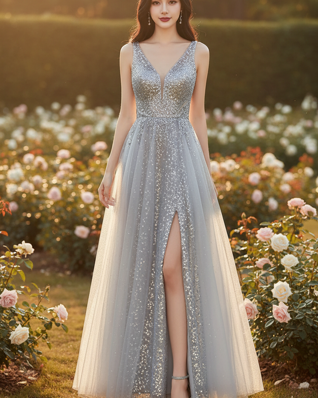 Silbernes Glitzerkleid Perlenstickerei lang - Ansicht 1
