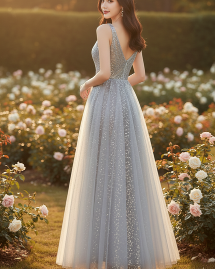 Silbernes Glitzerkleid Perlenstickerei lang - Ansicht 2