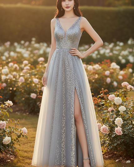 Silbernes Glitzerkleid Perlenstickerei lang - Ansicht 3
