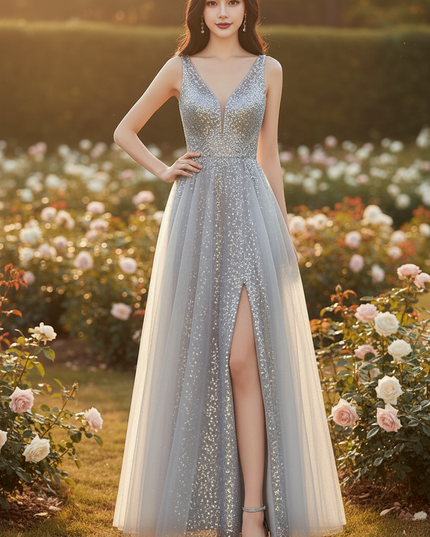 Silbernes Glitzerkleid Perlenstickerei lang - Ansicht 4