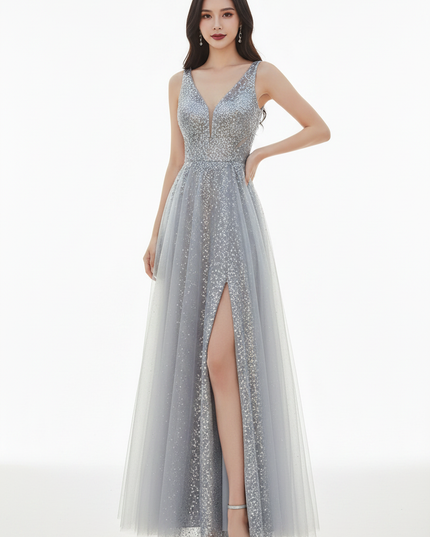 Silbernes Glitzerkleid Perlenstickerei lang - Ansicht 5