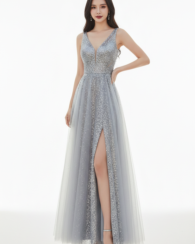 Silbernes Glitzerkleid Perlenstickerei lang - Ansicht 5