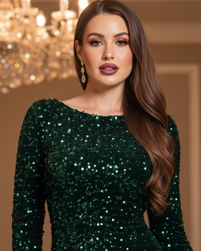 Smaragdgruenes Glitzerkleid Langarm - Ansicht 4