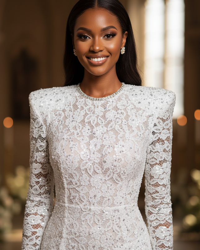 Weisses Spitzen-Glitzerkleid Pailletten - Ansicht 4