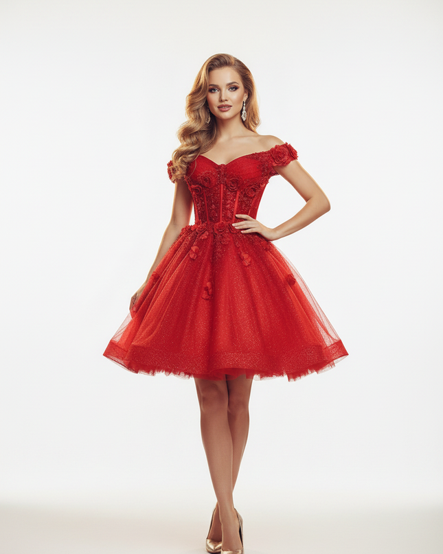 Tiefrotes Glitzerkleid Tuell A-Linie - Ansicht 5
