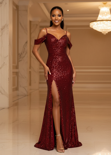 Das tomatenrote Glitzerkleid mit Schlitz - Ansicht 1