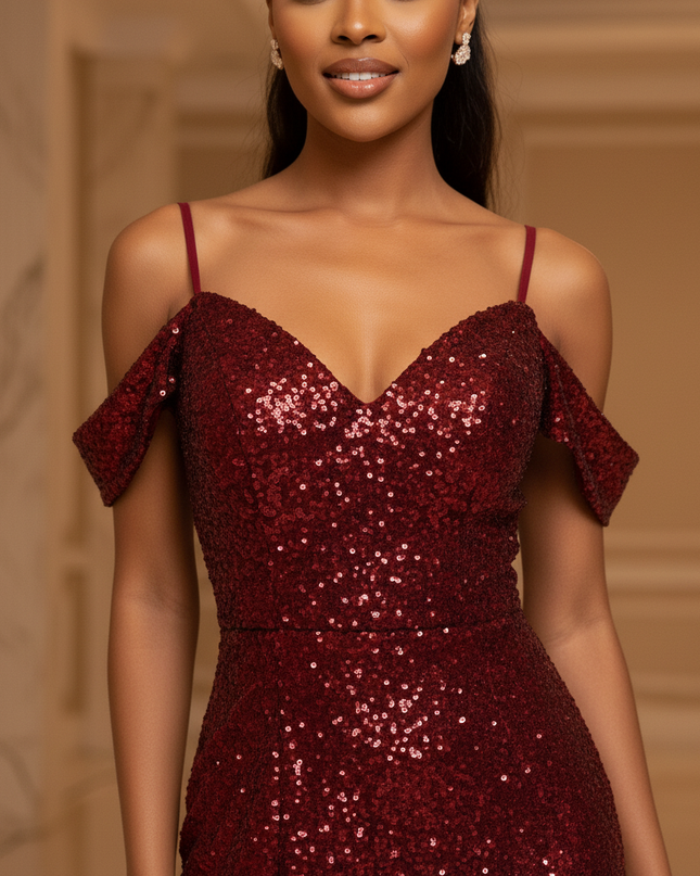 Das tomatenrote Glitzerkleid mit Schlitz - Ansicht 4