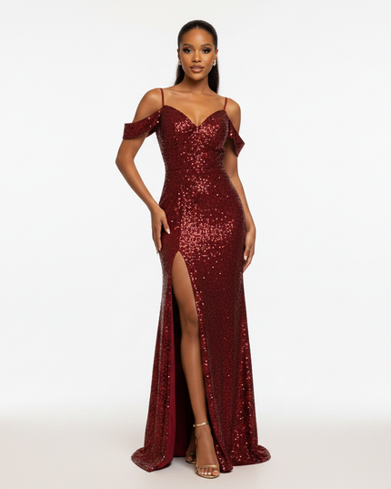 Das tomatenrote Glitzerkleid mit Schlitz - Ansicht 5