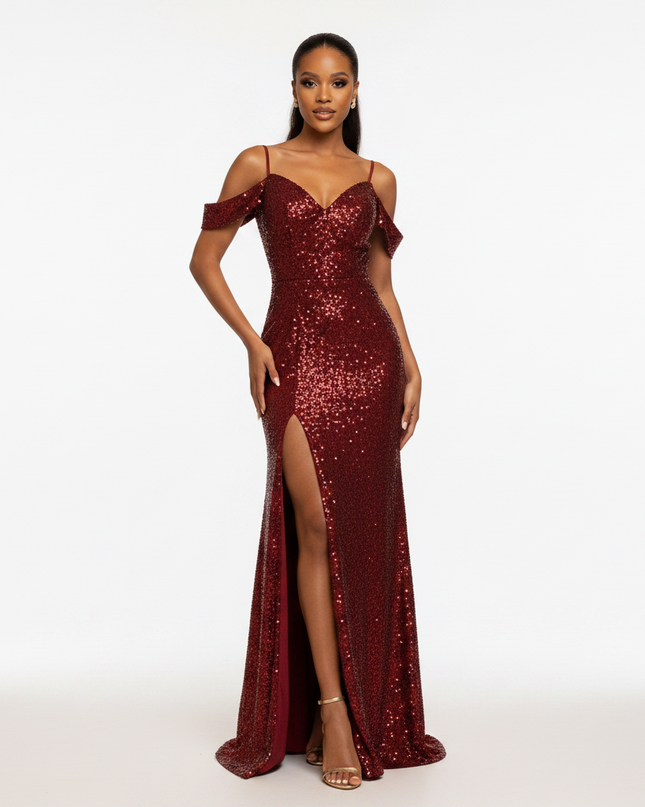 Das tomatenrote Glitzerkleid mit Schlitz - Ansicht 5