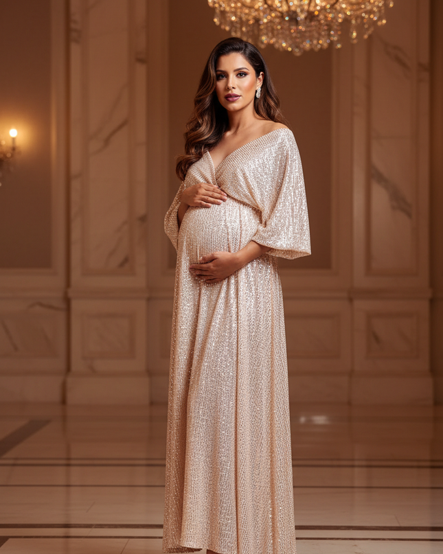 Umstandskleid Glitzer Champagner Babybauch | Shop - Ansicht 1