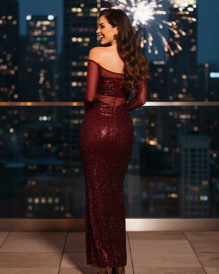 Weinrotes Kleid Langarm Pailletten - Ansicht 2