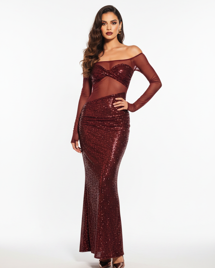 Weinrotes Kleid Langarm Pailletten - Ansicht 5
