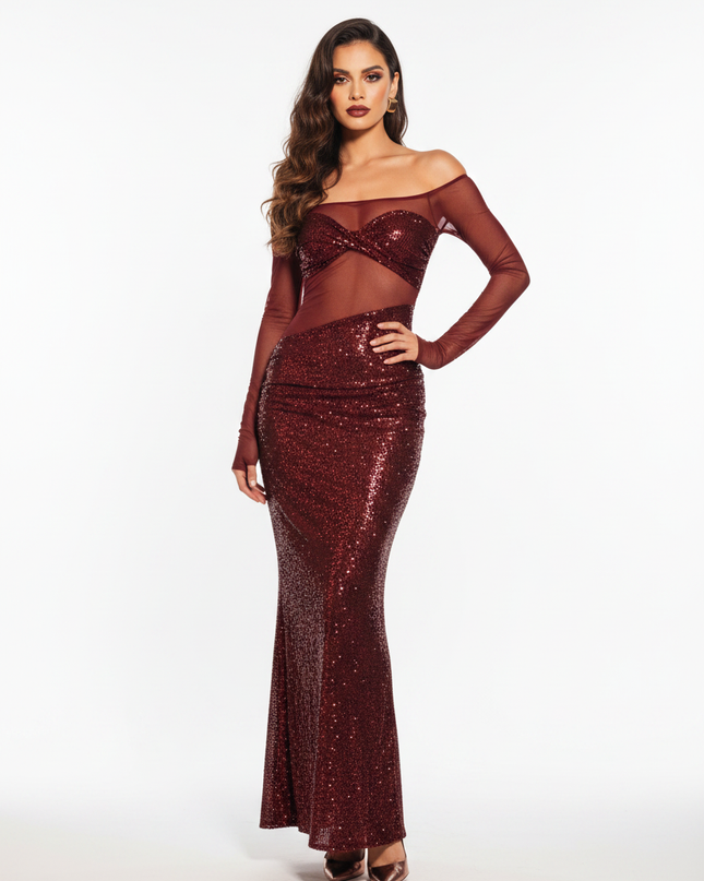Weinrotes Kleid Langarm Pailletten - Ansicht 5