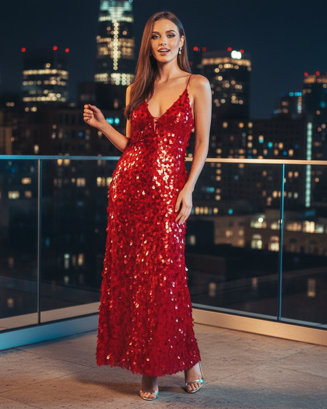 Weinrotes Glitzerkleid lang mit V-Neck - Ansicht 1