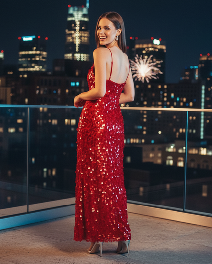 Weinrotes Glitzerkleid lang mit V-Neck - Ansicht 2