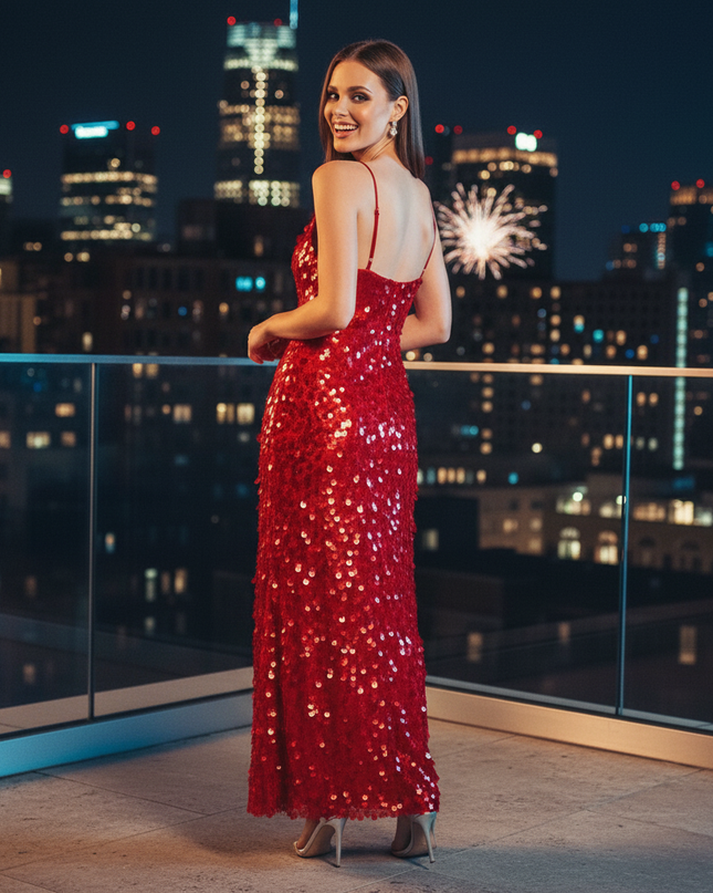 Weinrotes Glitzerkleid lang mit V-Neck - Ansicht 2