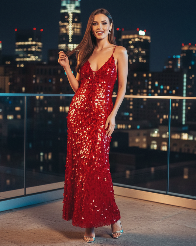 Weinrotes Glitzerkleid lang mit V-Neck - Ansicht 4
