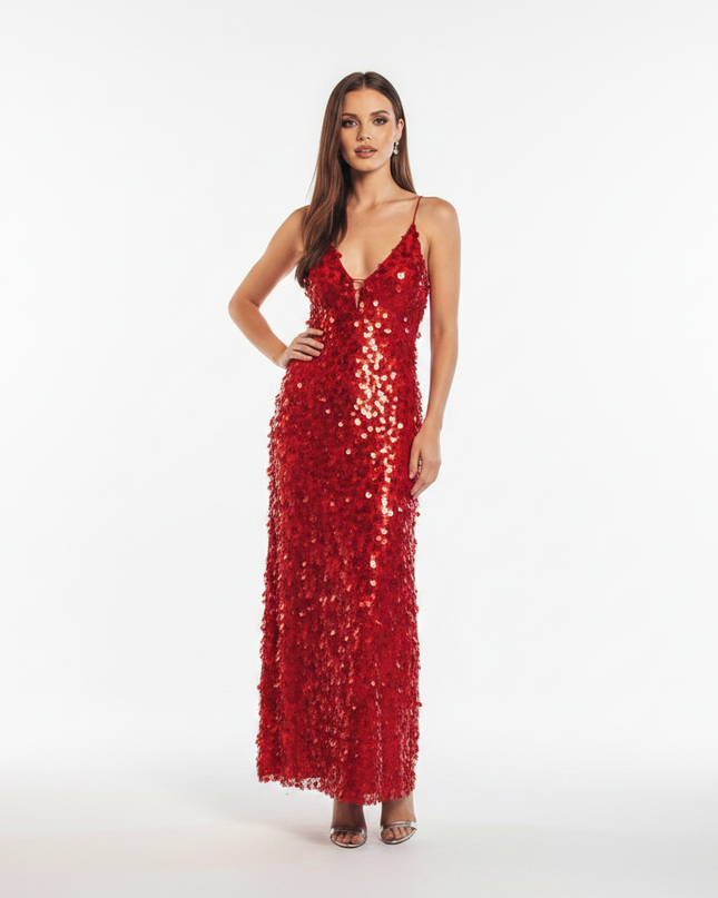 Weinrotes Glitzerkleid lang mit V-Neck - Ansicht 5