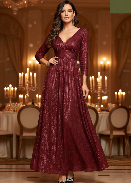Weinrotes Glitzer Kleid Langarm - Ansicht 1