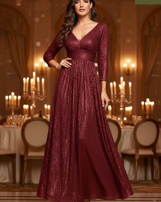 Weinrotes Glitzer Kleid Langarm - Ansicht 1