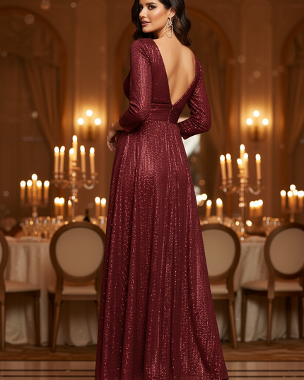 Weinrotes Glitzer Kleid Langarm - Ansicht 2