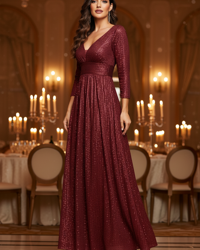 Weinrotes Glitzer Kleid Langarm - Ansicht 3