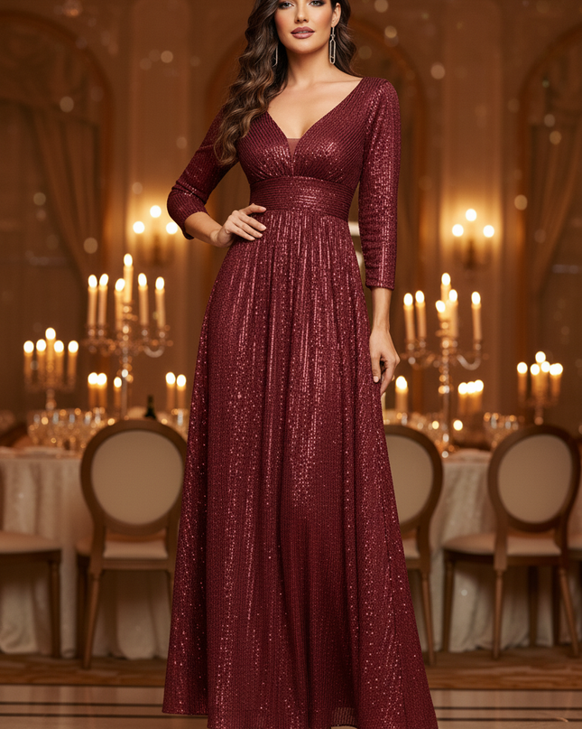 Weinrotes Glitzer Kleid Langarm - Ansicht 4