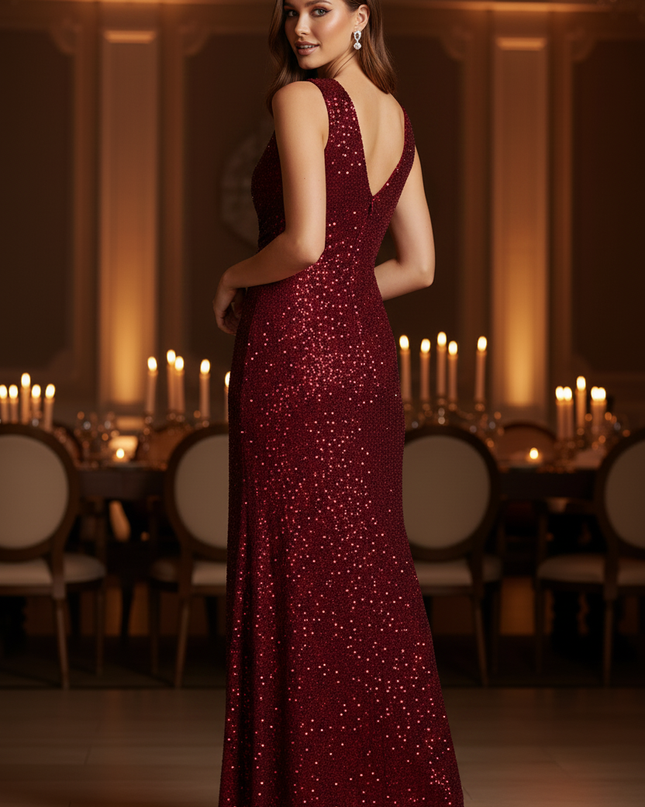 Weinrotes Pailletten Kleid Lang - Ansicht 2
