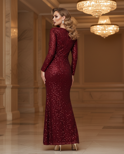 Weinrotes Pailletten Kleid Langarm - Ansicht 2