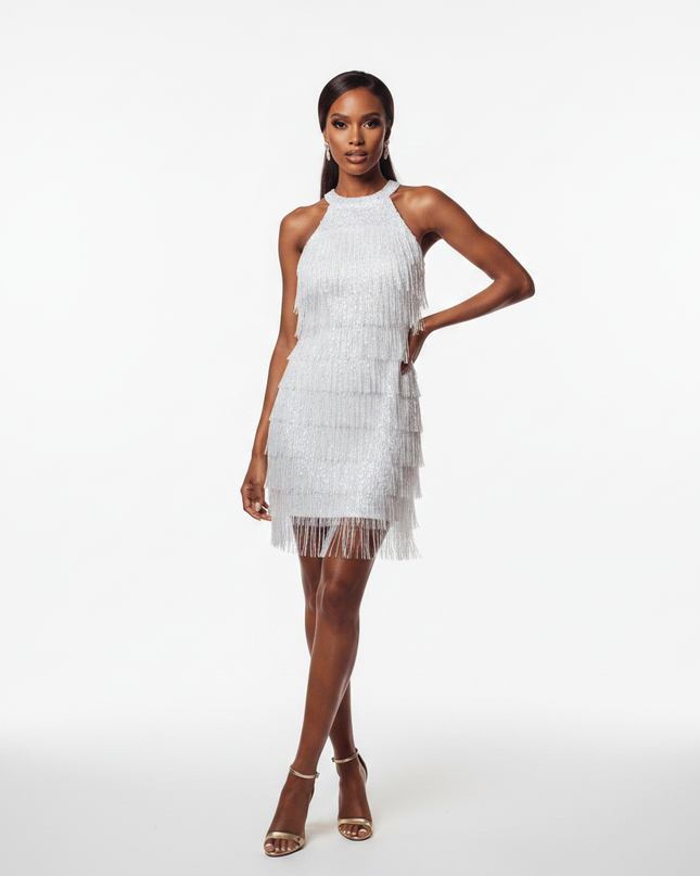 Weisses Glitzerkleid Kurz Halter - Ansicht 5
