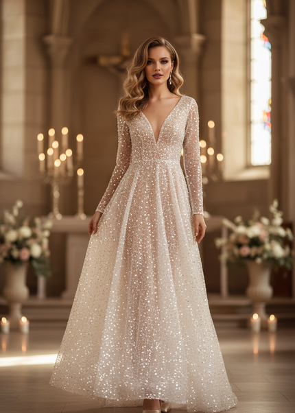 Weisses Glitzer Brautkleid Langarm - Ansicht 1