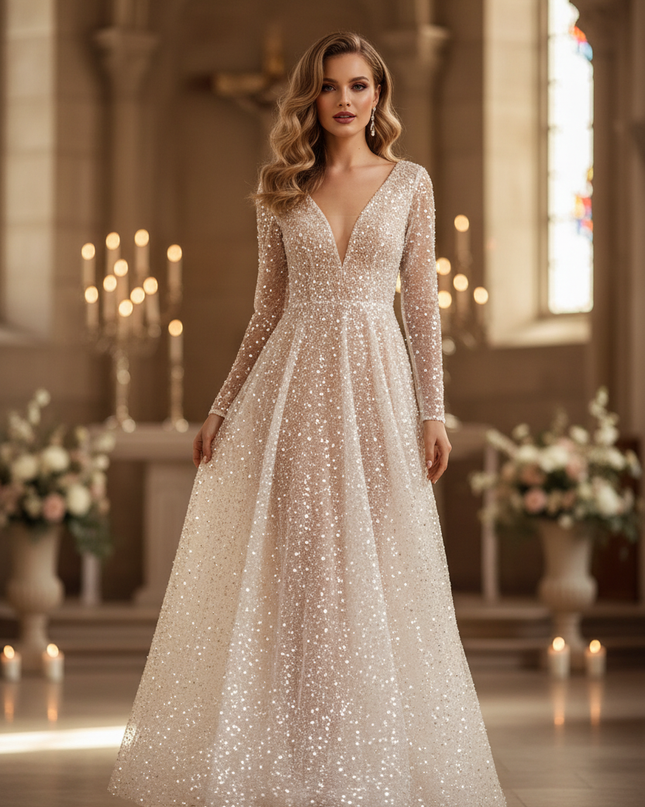 Weisses Glitzer Brautkleid Langarm - Ansicht 1