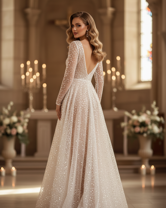 Weisses Glitzer Brautkleid Langarm - Ansicht 2