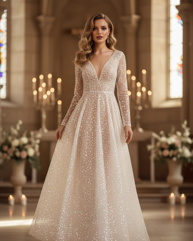 Weisses Glitzer Brautkleid Langarm - Ansicht 3