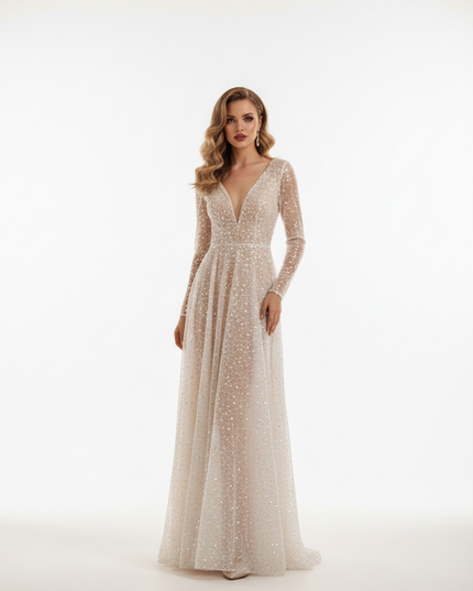Weisses Glitzer Brautkleid Langarm - Ansicht 5