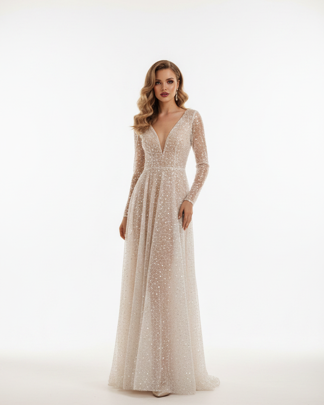 Weisses Glitzer Brautkleid Langarm - Ansicht 5