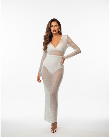Weisses Glitzer Chiffon-Kleid lang - Ansicht 5