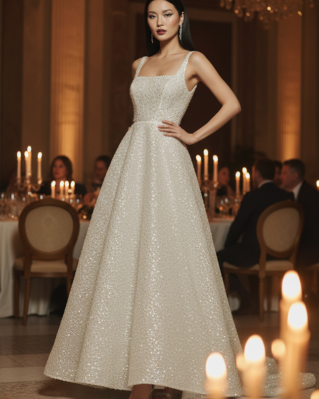 Weisses Pailletten Kleid Lang - Ansicht 1