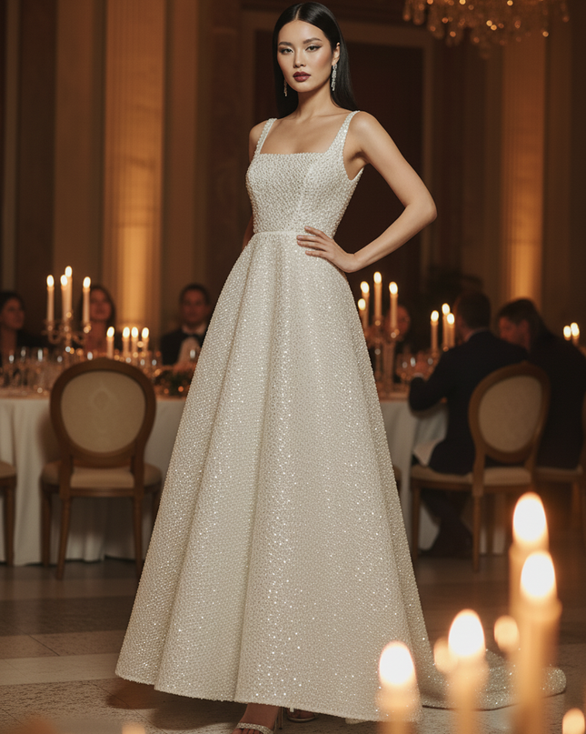 Weisses Pailletten Kleid Lang - Ansicht 3