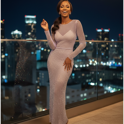 Weisses Glitzer Kleid Strass Langarm - Ansicht 1